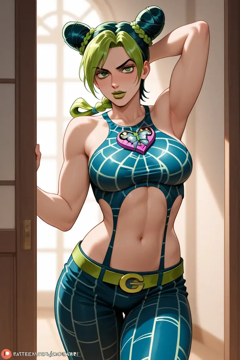 Jolyne Kujo, stand user, bold and determined, short bob hairstyle, striking green eyes, expressive facial features with a hint of blush, wearing a purple prison jumpsuit, sleeveless design revealing toned arms, confidently looking towards the viewer, signature red scarf around her neck, indoors, against the background of dimly lit corridors or cells, determined gaze, strong hands grasping the stand's emblem.