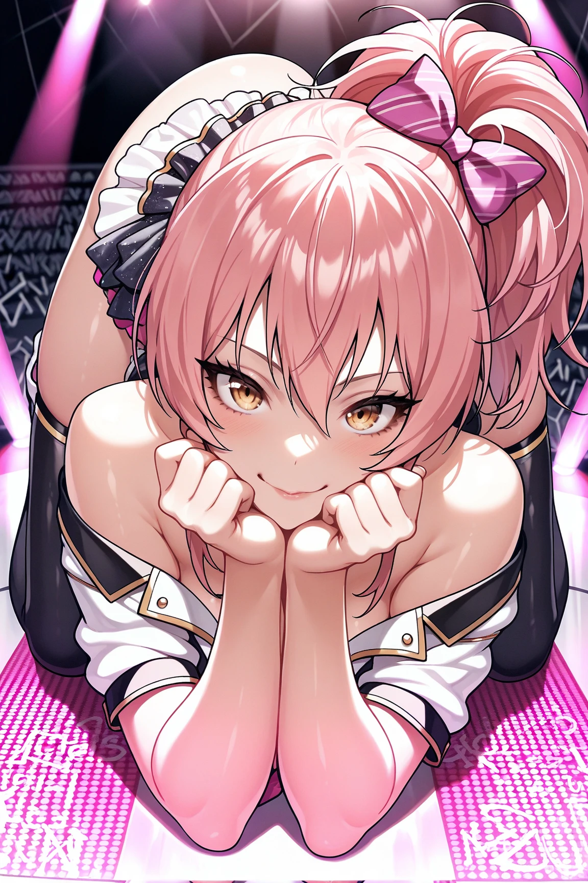 (((masterpiece))),(((best quality))),(ultra-detailed,high resolution:1.2),(illustration),((an extremely delicate and beautiful)),(detailed background), POV, fellatio, (((deep throat))), drool, close up face, (((wrestling ring))),((1petit girl)and(1shota boy)), hetero, (1petit girl,short stature),((((Fu Xuan/(Honkai:star rail/)))),official alternate costume, (slender body:1.4), pink hair, pink and yellow eyes, (small breasts),pale skin,shiny skin, (cum in mouth:1.4),cum on clothes,cum on breasts,excessive cum, clothing aside, clothed, evil grin, ((((1shota boy,short stature)))),((hair)),small penis,dark-skinned shota boy,interracial,