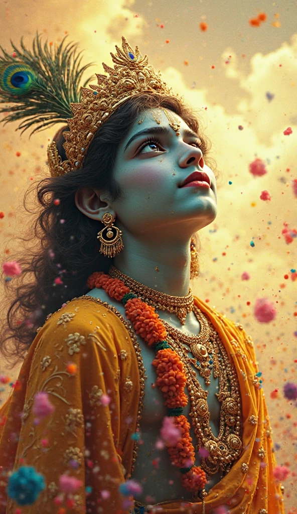((best quality)), ((masterpiece)), (detailed), perfect faceA golden fantasy portrait of Lord Krishna in colorful soft cotton armor and a peacock crown. He has intricate patterns on his body and is a God with a soft heart . Krishna is captured full body in sky from a low angle, looking up at the viewer with a captivating gaze. The background is a chaotic scene with splashes of kaleidoscopic colors. The golden sunlight casts a warm, alluring glow on the scene, highlighting Krishna's beautiful enigmatic presence. The overall ambiance is a blend of excitement, surrealism, and whimsy.