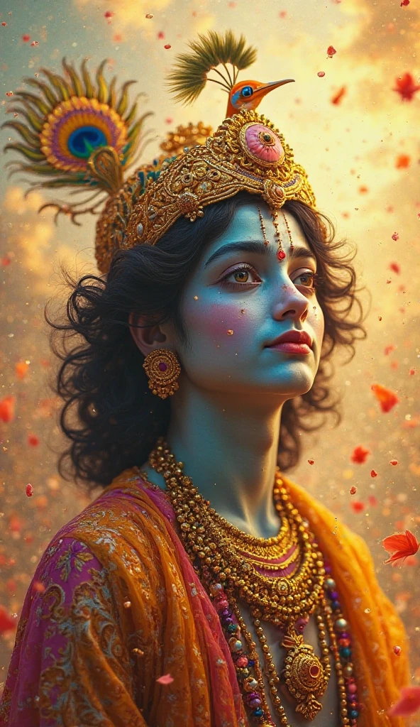 ((best quality)), ((masterpiece)), (detailed), perfect faceA golden fantasy portrait of Lord Krishna in colorful soft cotton armor and a peacock crown. He has intricate patterns on his body and is a God with a soft heart . Krishna is captured full body in sky from a low angle, looking up at the viewer with a captivating gaze. The background is a chaotic scene with splashes of kaleidoscopic colors. The golden sunlight casts a warm, alluring glow on the scene, highlighting Krishna's beautiful enigmatic presence. The overall ambiance is a blend of excitement, surrealism, and whimsy.