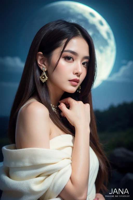 (masterpiece, top quality, best quality, official art, beautiful woman and aesthetic:1.2), (1girl), extreme detailed,(fractal art:1.3),colorful,highest detailed,upper body, [lace],[jewelry],[flower],[[butterfly]] , upper body , large moon at the sea background