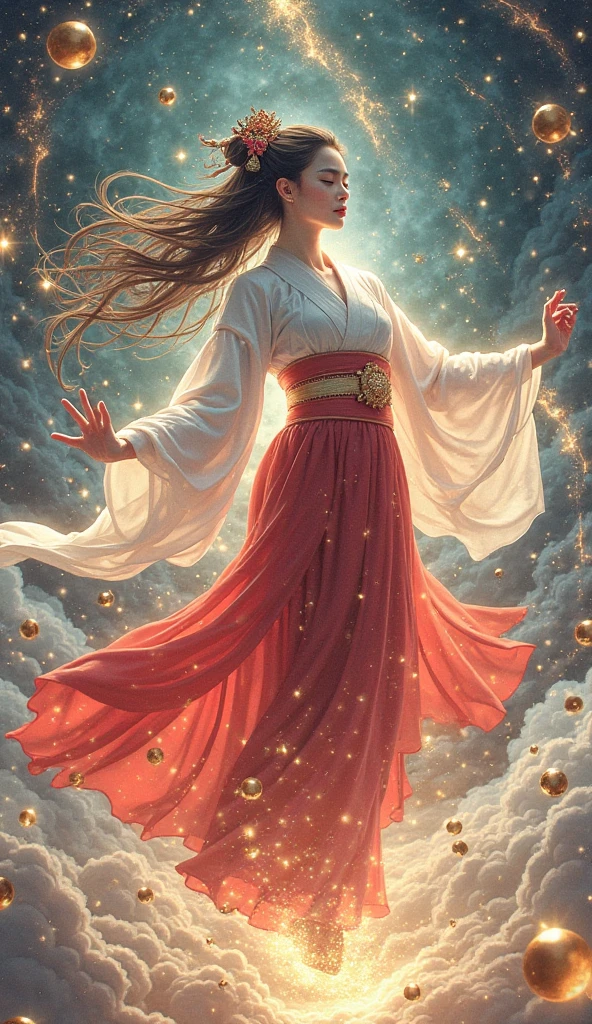 A stunning digital illustration inspired by Japanese mythology, featuring a graceful celestial dancer goddess resembling Ame-no-Uzume. She is performing a sacred dance in flowing traditional garments, including a white kimono and red hakama, surrounded by swirling ribbons of light and stars. Her long hair flows behind her, and she holds a ceremonial bell in one hand. The background is filled with cosmic colors, evoking divine energy and spiritual elegance. The scene is radiant, mystical, and full of divine movement