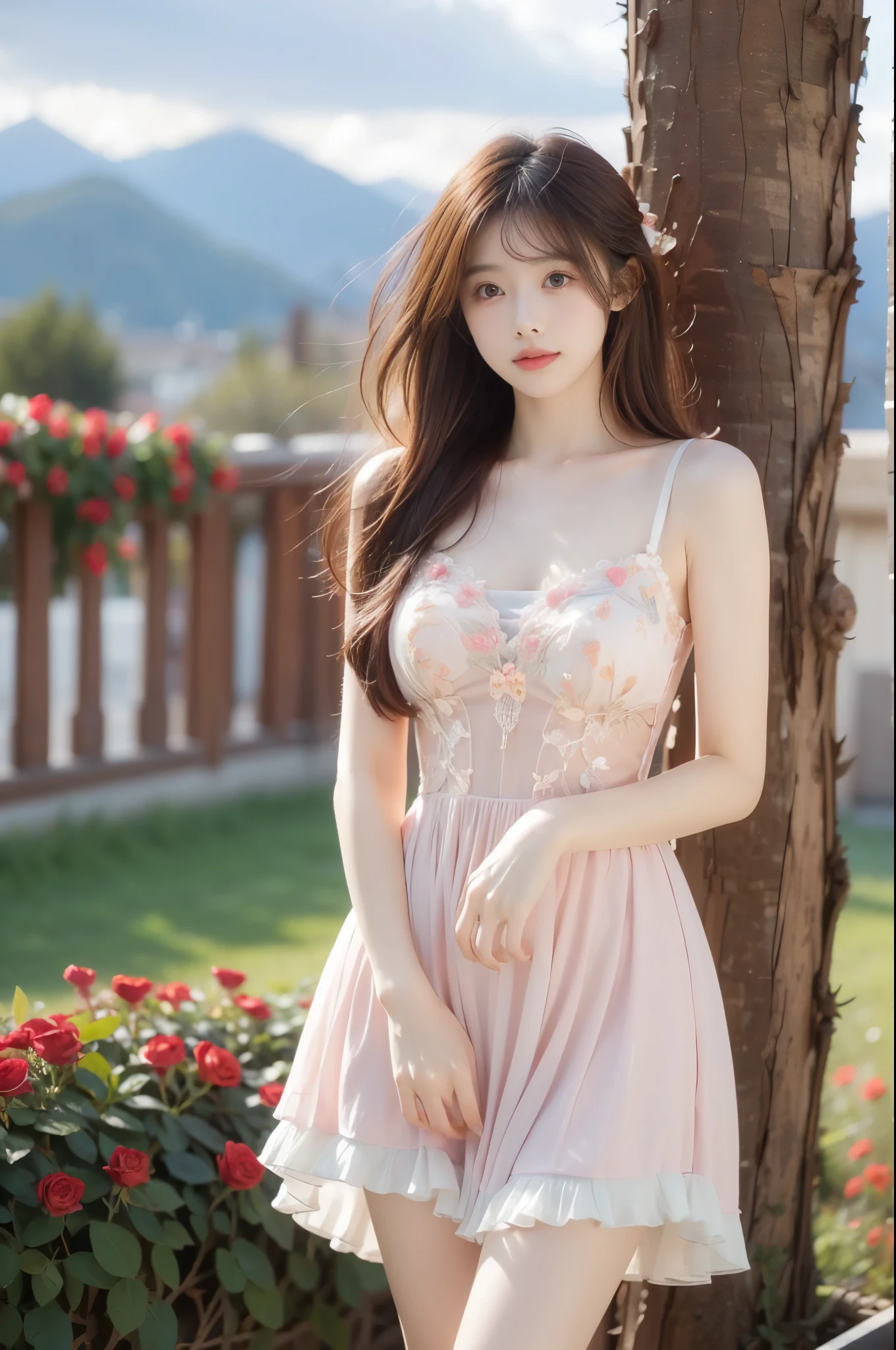 A beautiful young woman standing gracefully in a garden of red roses at sunset, wearing a light, semi-transparent chiffon dress with floral embroidery on the chest, her long hair flowing gently in the wind, soft and warm golden hour lighting illuminating her figure, dreamy atmosphere, romantic mood, cinematic background with distant mountains and cloudy sky, ultra realistic, high detail, delicate facial features, soft shadows, bokeh, 8k, masterpiece