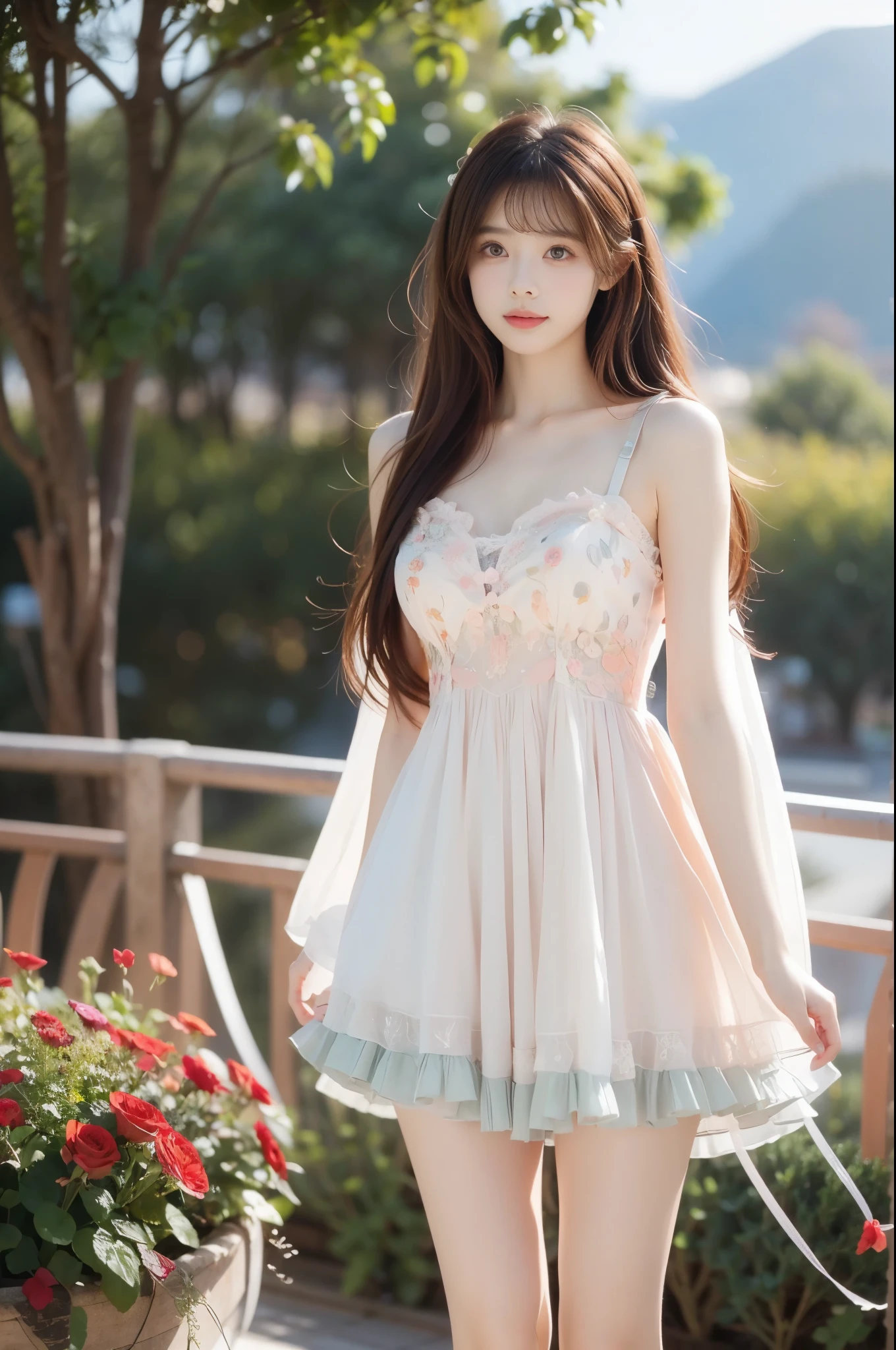 A beautiful young woman standing gracefully in a garden of red roses at sunset, wearing a light, semi-transparent chiffon dress with floral embroidery on the chest, her long hair flowing gently in the wind, soft and warm golden hour lighting illuminating her figure, dreamy atmosphere, romantic mood, cinematic background with distant mountains and cloudy sky, ultra realistic, high detail, delicate facial features, soft shadows, bokeh, 8k, masterpiece