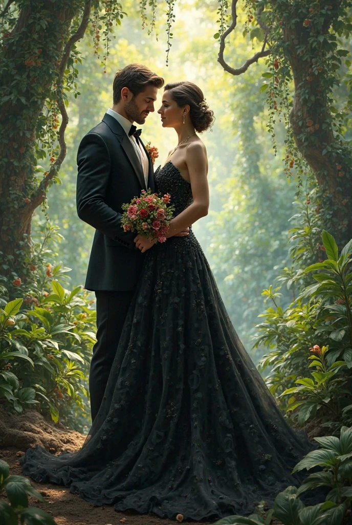 Princess in blacl frok in jungle with his prince