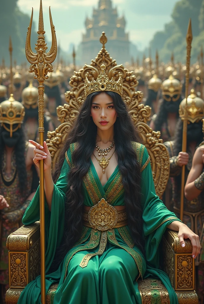 fotografi,   beautiful Asian girl  , wearing a green kebaya with long hair unraveled, and a golden crown, carrying a golden trident, there are many ancient Javanese warriors armed with swords and spears behind them, Fantasy sea background sitting on a throne with a detailed and majestic feel