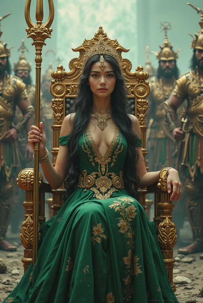 fotografi,   beautiful Asian girl  , wearing a green kebaya with long hair unraveled, and a golden crown, carrying a golden trident, there are many ancient Javanese warriors armed with swords and spears behind them, Fantasy sea background sitting on a throne with a detailed and majestic feel