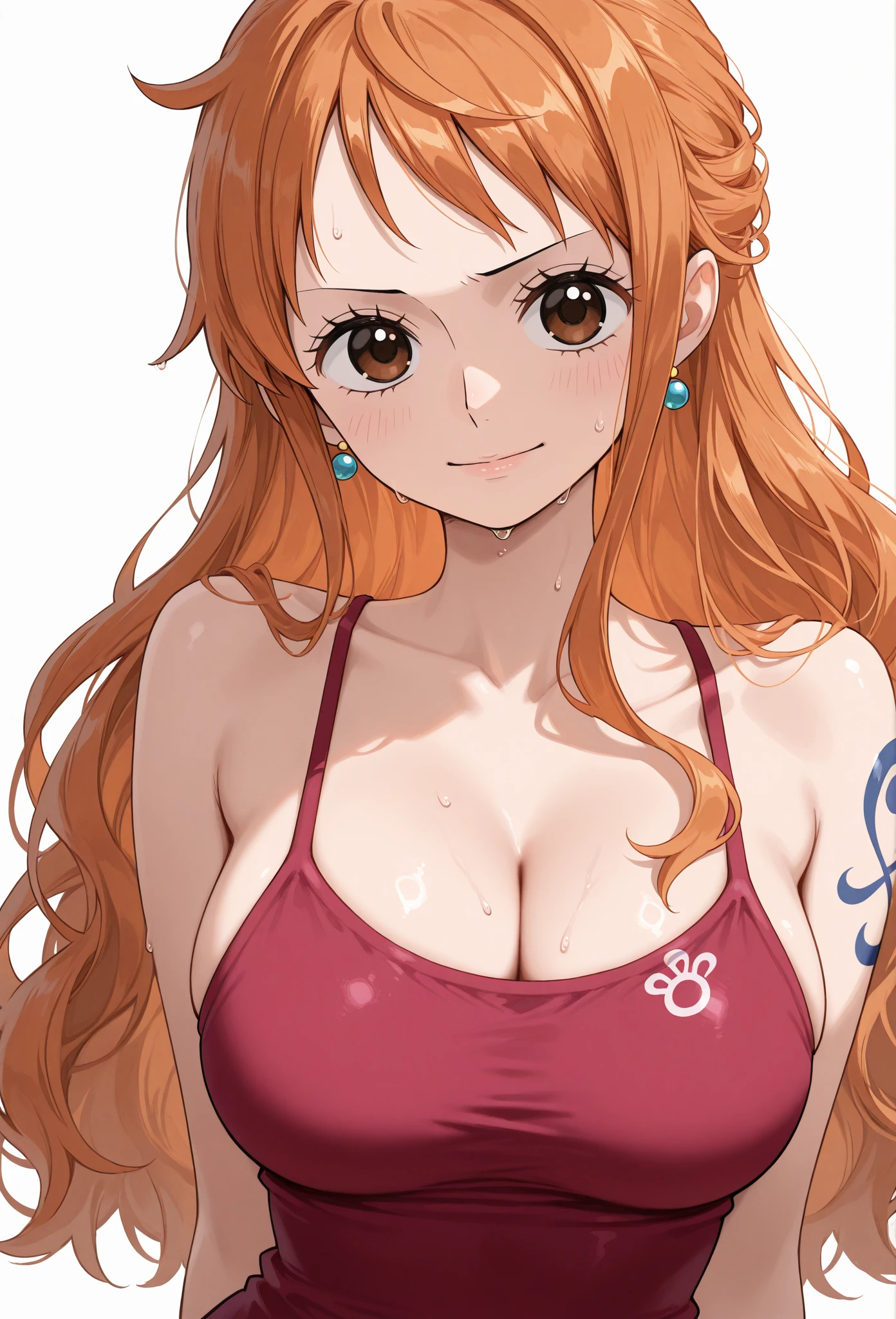 (((masterpiece))), (((best quality))), ((ultra-detailed)), (highly detailed CG illustration), Nami, (nsfw:1.4), (masterpiece:1.5), Detailed Photo, Sexy, (Best Quality: 1.4), (1girl), Beautiful Face, (Orange Hair, long Hair: 1.3), Beautiful Hairstyle, beautiful detail eyes, (realistic skin), beautiful skin, absurd, attractive, ultra high resolution, high definition, (sexually aroused:1.5), Pinkish white skin, cool white light, sexy pose, Beautiful , white background, pink soft white light, Wear a white tank top, (bukkake:1.2),