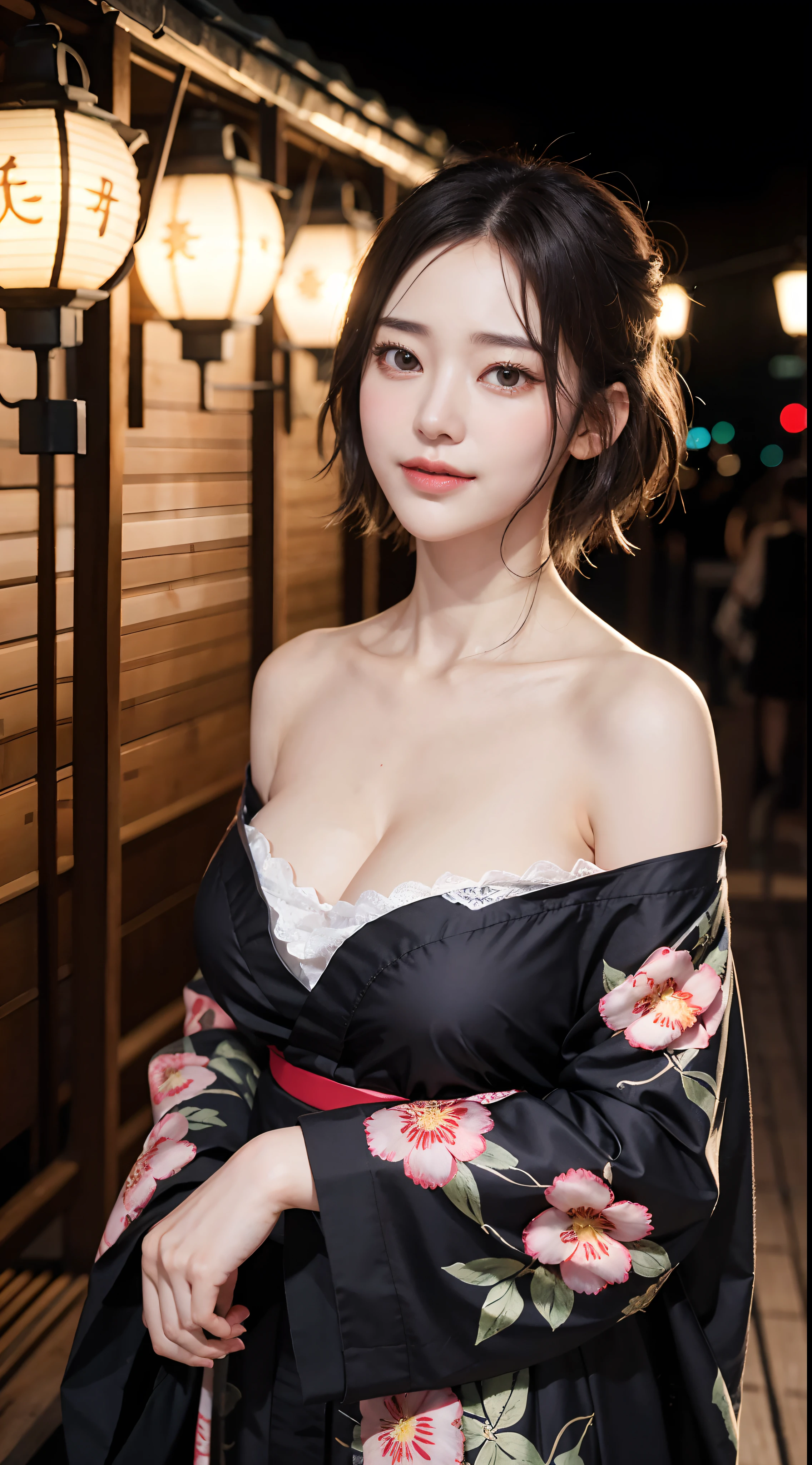 (8K, Raw photo:1.2), Detailed face and eyes,Best Quality, 超A high resolution, Highly detailed ,intricate detailes ,masutepiece ,Cute Girl , Soft cinematic light, Hyper-detailing,Sharp Focus, High quality, Blonde hair, bob cuts, Yukata, tits out