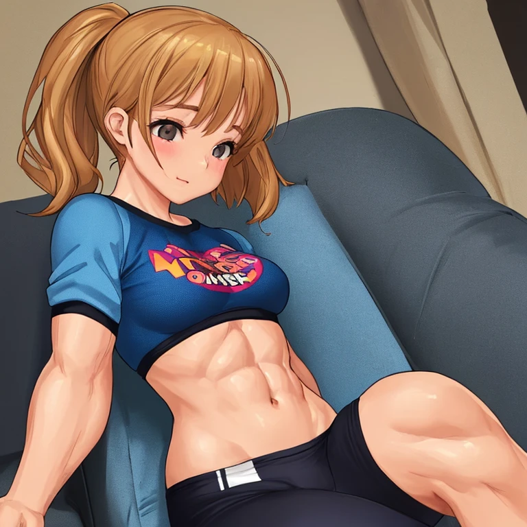 attractive welsh woman, ripped muscle, muscular body, pale skin, sad(blush), nude, cross pendant, sixpack abs, [ultra detailed skin:1.2], ginger hair, green eyes, hair bun, 8k uhd, pussy, full body, crowd, public, sitting on couch,