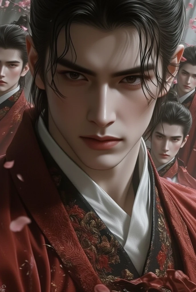 A handsome young man of 20 years old, with long hair, wearing a black Han Fu, dark eyebrows, big sharp eyes, seductive nose, famous white nose. There are 4 men in total, standing behind 1 woman.