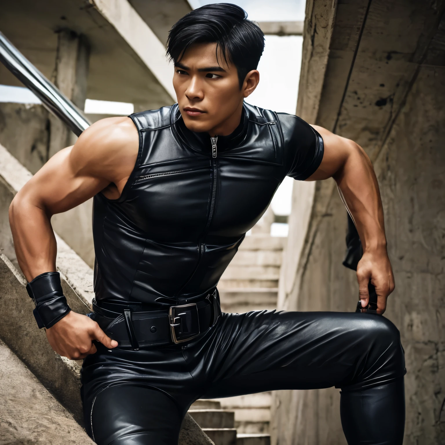 24 years old, One Man,、 black bodysuit、Shocker Belt、 Black gloves 、 Carrying a pistol on the waist、During combat、outside、 On concrete 、logic, , black hair、short hair。 非常にshort hair 、 handsome fighter Handsome asian face sniper 、Prey-Aiming Posture 、 viewed from below。 Upper Body Lift Black leather pants pants zipper with a pistol on the waist Combatant Down stairs Crouch
