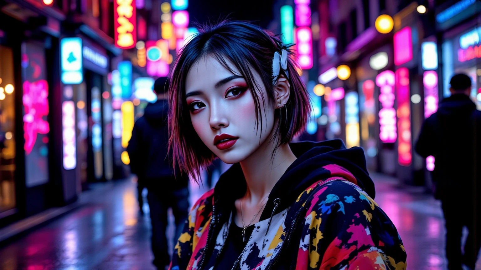 Beautiful single girl,Hip-hopスタイル, danceしている, illustrations, girl, street fashion,  dance style,  dance, cute, ブレイク dance, street, High detail, dark expression, Pale face, high resolution,  flashy makeup, hard touch illustrations, Strong Outline, profile, colorful clothes, street style, knitted hat , hoodie,  pants, 8k, neon, Cool Beauty, ,薄暗い中に怪しいneonサイン、 Listening to the Rainbow, Rainbow Color , Hard illustrations, upper body, NO Backwards, thigh,around Debesonowawa {x}、street style、Middle hairstyle OR short hair、woman wearing headphones。Female Solo