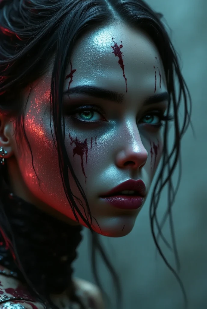 aa portrait of vampire with a bloody tear coming down from he eye, an exotic beautiful female vampire, dynamic hair color hair color, dynamic hair style, ultra detailed face, best detailed face, silver eye color, ((1single red teardrop: 1.3)), ((tear drop made from blood)), ((teardrop coming down from the eye: 1.3)), small cleavage, wearing two black diamond earrings, Ultra-high resolution, High Contrast, (masterpiece:1.5), highest quality, Best aesthetics), 16K fantasy art, best details, best quality, highres, (ultra wide angle: 1.2), 16k, [ultra detailed], masterpiece, best quality, (extremely detailed), ladyshadow, magical sky, crying style, vampire teeth、side shot