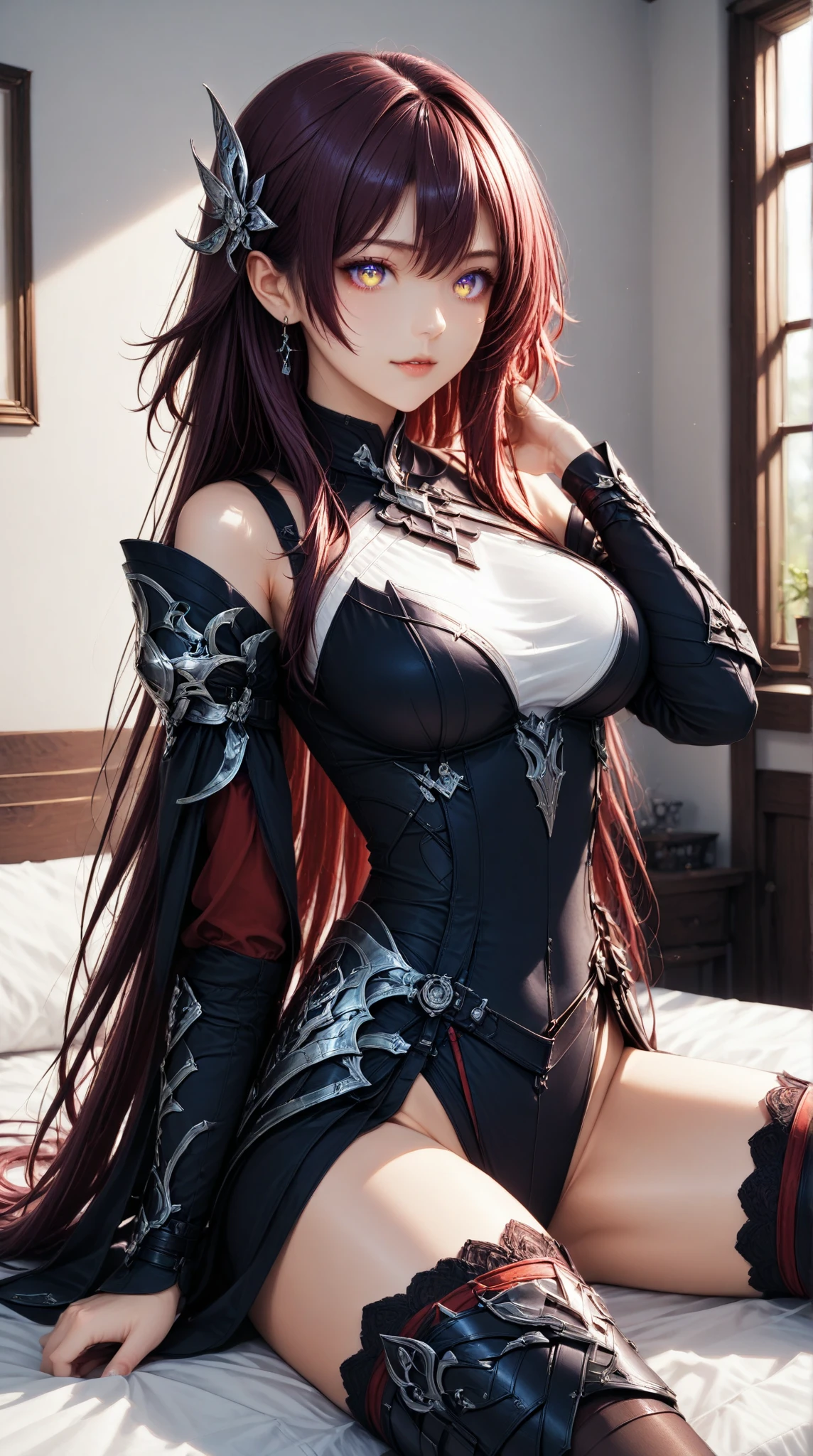 (masterpiece),(best quality),ultra detailed,1girl, armpits, arms behind head, arms up, bangs, cleavage, dakimakura \(medium\), demon horns, detached collar, dress, elbow gloves, fur trim, gloves, hair between eyes, horns, (huge breasts), long hair, looking at viewer, lying, multicolored hair, navel, official alternate costume, on back, parted lips, pelvic curtain, red hair, skindentation, solo, streaked hair, thighhighs, thighs, two-tone hair, very long hair, white hair, yellow eyes,shiny skin,spring-aegir,mature female,;o