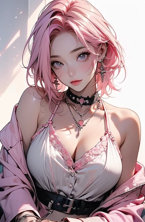 Cool women、sexy、Center of chest、Rize from Chainsaw Man、beauty、Yandere、、Face close-up、Kiss with your eyes closed、Chest tattoo、Race、necklace、Pink Hair、(sexy)、(Kiss the viewer)、(From the waist up)、((Mid-chest))、((White lace))、Brush your hair up、