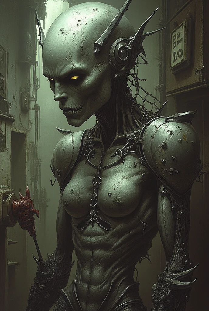 <lora:H.R.GigerWorldPonyXL:1.0> gigerworld, cyborg girl, robotic parts, glowing eyes, long fingernails, (faceless), score_9, score_8_up, score_7_up, score_6_up, score_5_up, score_4_up,
