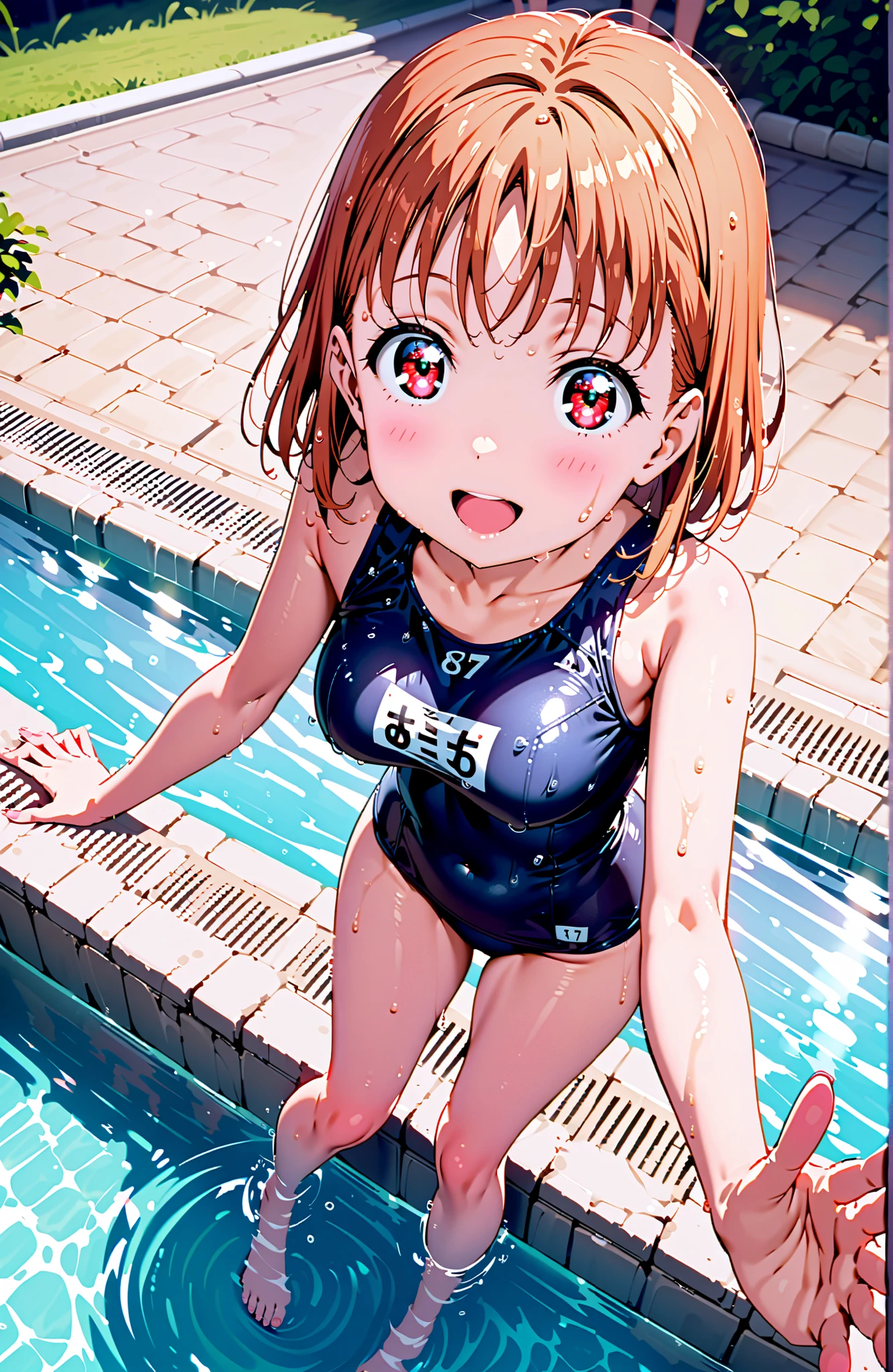 score_9, score_8_up, score_7_up, sauce_anime,Takami Chika, short hair, Red Eyes, stupid hair,school swimsuit,smile,blush,open your mouth,Belly button cover,Wet hair with raw feet,wet swimsuit,wet skin,Submersion,is standing,full bodyがillustrationsに入るように,break outdoors,pool,
break looking at viewer,full body,
break (masterpiece:1.2), top quality, high resolution, Unity 8k 壁紙, (illustrations:0.8), (beautiful detailed eyes:1.6), Highly detailed faces, perfect lighting on the table, extremely detailed CG, (perfect hand, perfect anatomy),