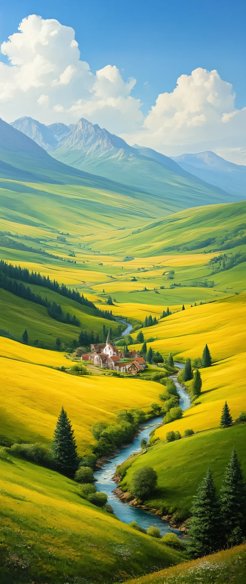  in high-definition images、Spring Plateau Oil Masterpiece 、 bright color 、 Spectacular Dramatic Expression in Intense Style 、 Small village 、  small church 、 Small River 、  Blake's masterpiece  、 Highest Quality Intricate Details in Wet Water 、  super clear 、 Screen Environment  、 realistic shadows 、 Bastien Recouffe Douarme 、 8 kilometers、Flowers are in full bloom。