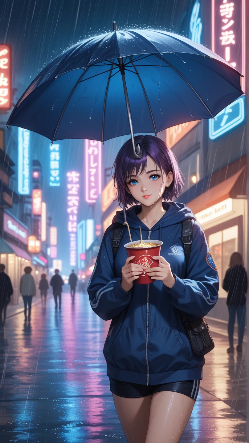 A night-time anime city scene with soft neon lights reflecting on rainy streets. An anime girl in a hoodie stands under an umbrella by a ramen stand, soft light glowing on her face. Traffic and lanterns blur in the background. Rain falls gently, and the neon signage casts a soft purple/blue glow. Peaceful but lonely vibe, Makoto Shinkai-inspired lighting, dreamy colors, cinematic focus blur, detailed wet textures.

