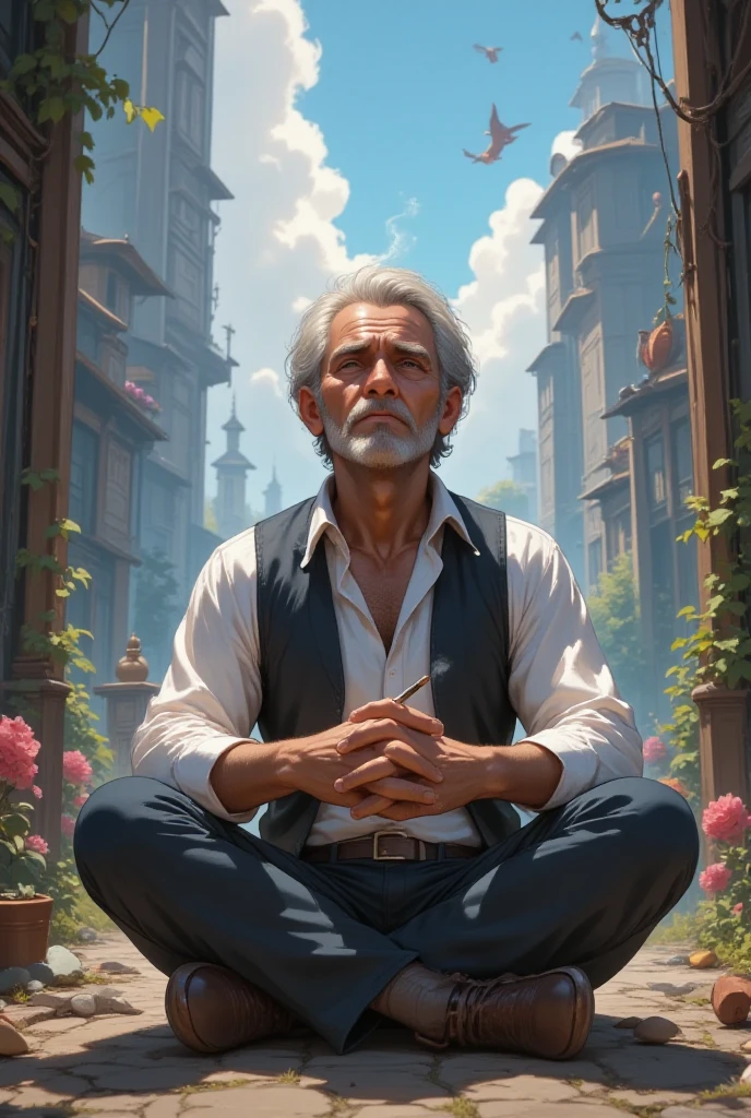 A nowhere man sitting in his nowhere land, anime style, man in his 40s, hispanic 