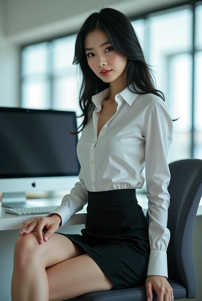 arafed asian woman in a skirt and shirt posing on a desk, smooth white tight clothes suit, gorgeous chinese model, clothed in white shirt, japanese goddess, hyperrealistic , korean girl, a hyperrealistic , gorgeous young korean woman, wearing white shirt, realistic , in white clothes, wearing in shirt, fine white shirt, japanese model, 8k portrait, detailed intricate fabric texture, (charcoal black theme:1.3), spiral patterns, body freckles, bright, high quality image, masterpiece, detailed hair texture, detailed skin texture, detailed cloth texture, 8k, add fabric details, ultra detailed skin texture, ultra detailed photo, skin pores, cloth details, high skin details, realistic hair details, (8K, RAW photo, best quality, masterpiece:1.2), (realistic, photo-realistic:1.4), ultra-detailed (grainy:0.2)