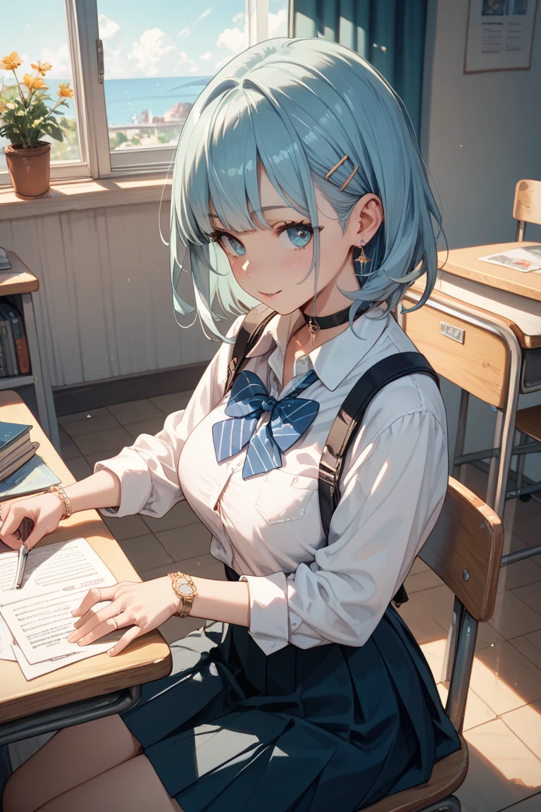 Show the same caractere studying sitting in a class room