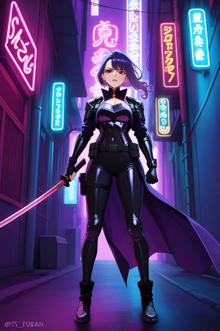 (Magic:1.1), in full height, (Solo man:1.3), (mage:1.2), in a modern city, (A girl:1.2), black theme, (Neon Outline:1.3), big sword, Greatsword on his back, big breastes, A Night on the Town, Funny, (In a dress:1.2)