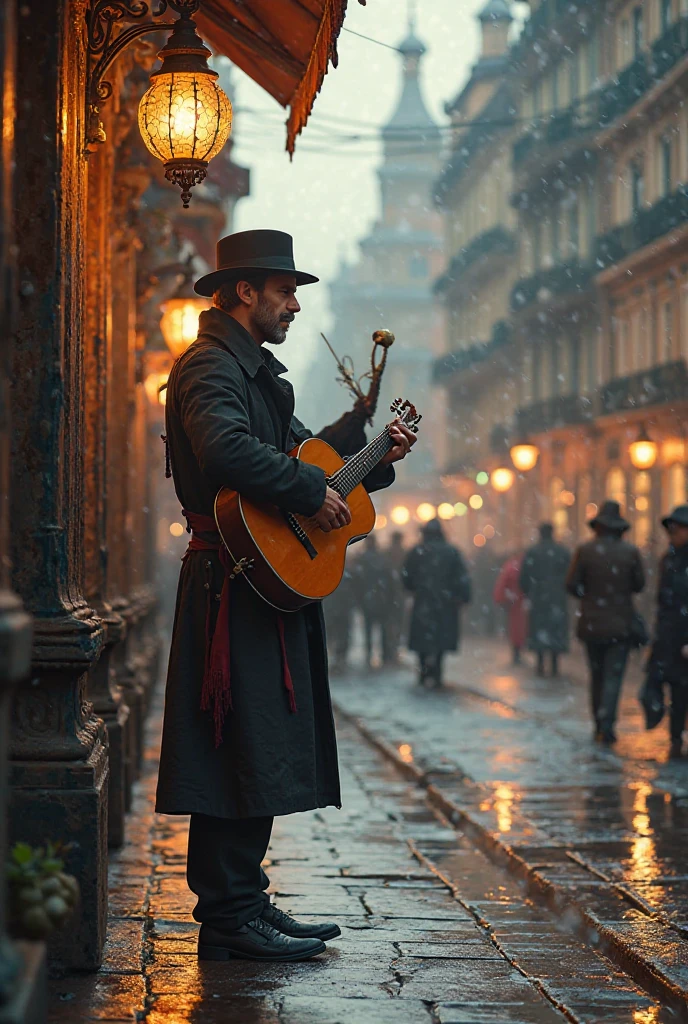 City Wonders — Street Musician, vintage lantern, Reflections in a puddle.