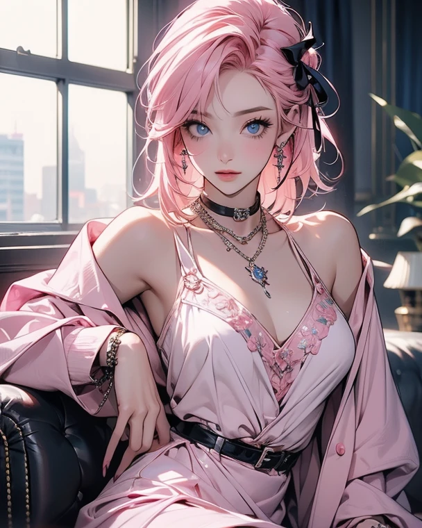 ((Highest quality, 8k, masterpiece :1.3)), (Sharp focus :1.2, Beautiful woman with perfect figure :1.4, Slim Abs), ((Big Breasts, Emphasize cleavage:1.2)), (Photorealistic:1.4), (realistic:1.4), (Pink Hair:1.5), Highly detailed face and skin texture, Fine grain, double eyelid. Makeup face, A little bit of lipstick, sex appeal, Sexy gravure pose, ((A beautiful woman wearing a coral pink tight dress、She crosses her legs and gives a seductive look in a private room at a high-end restaurant.。:1.3))