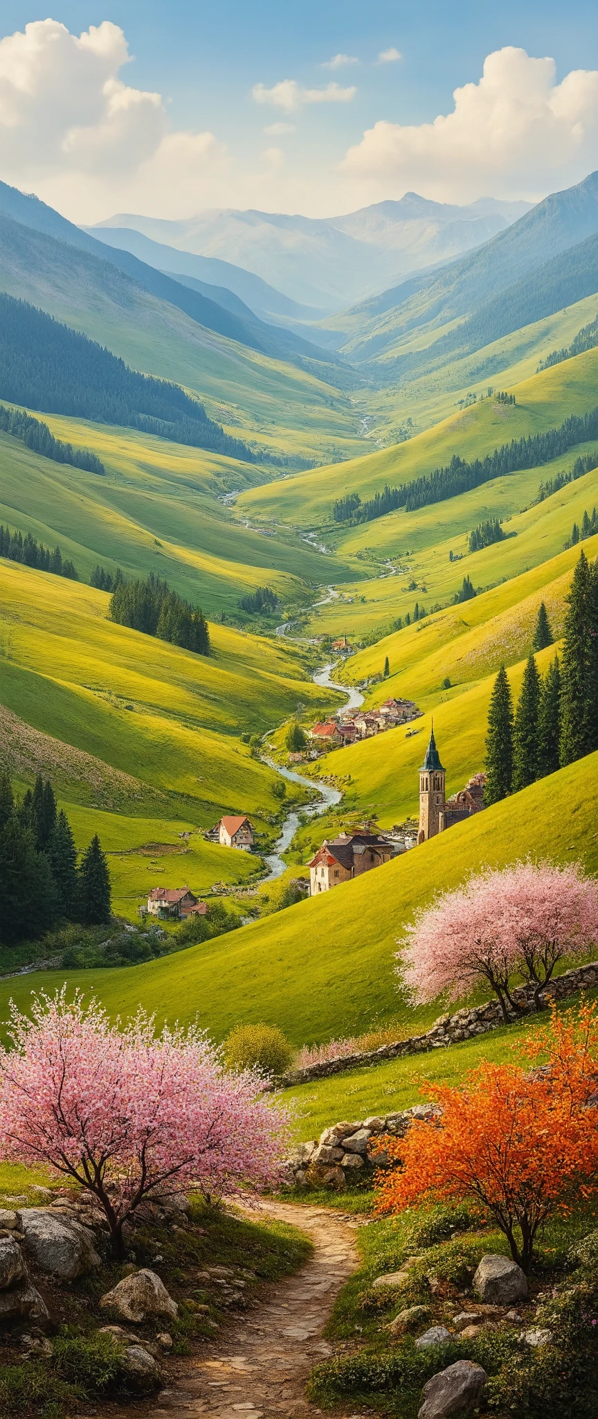  in high-definition images、Spring Plateau Oil Masterpiece 、 bright color 、 Spectacular Dramatic Expression in Intense Style 、 Small village 、  small church 、 Small River 、  Blake's masterpiece  、 Highest Quality Intricate Details in Wet Water 、  super clear 、 Screen Environment  、 realistic shadows 、 Bastien Recouffe Douarme 、 8 kilometers、Flowers are in full bloom。