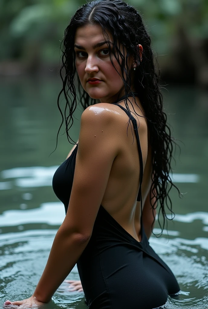 hot brunette, sculptural body, slightly sweaty body and face, wet hair, sensualizing on a rock with lava around it, paradisiacal, voluptuousness, heat, sensuality, hyper realistic, cinematic