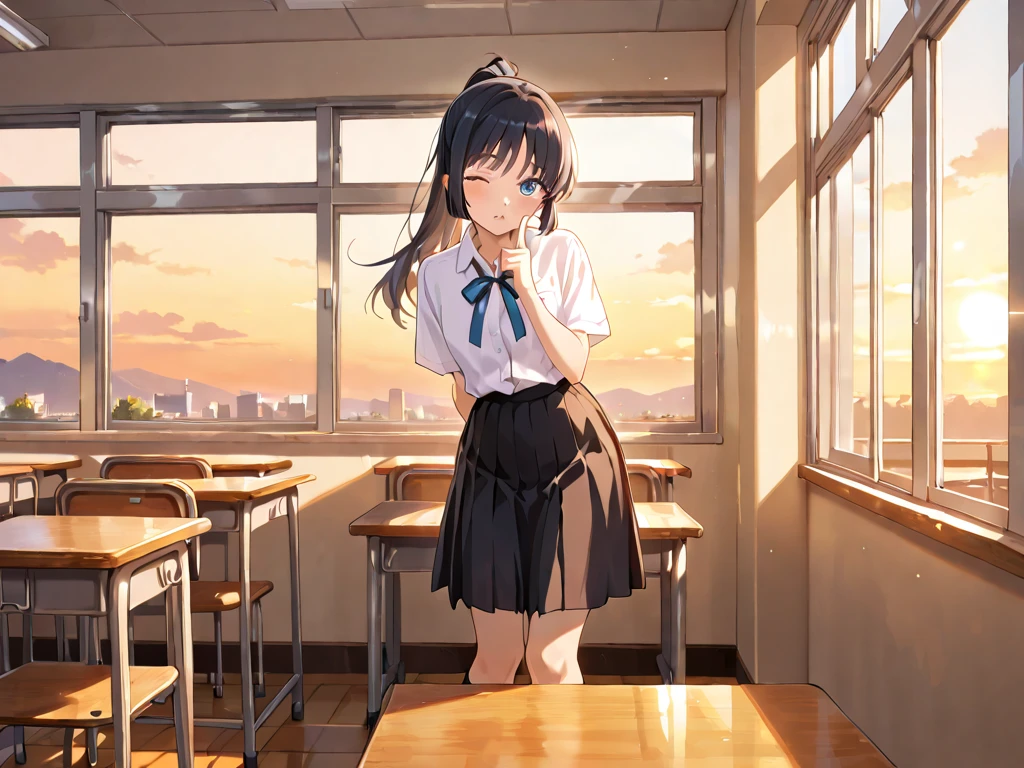 school, big Alan a girl at a desk, a girl sits at a desk and leans her head on the desk on the side of the window, she looks towards the window, sunset outside, the sun's rays enter the classroom, anime style, ghibli