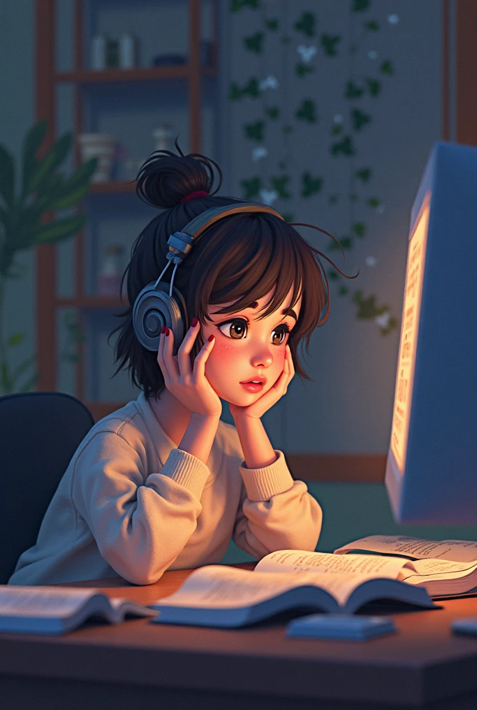 There's a blonde-haired girl, sentada em uma mesa com um laptop, olhos abertos e fones de ouvido sem microfone, candle lighting, painting digital adorable, bela Arte Digital, Arte Digital detalhada bonito, menina lofi, Retrato de Lofi, Art not Guweiz style, beautiful illustration digital, pintura de menina bonito realista, bela Arte Digital, Arte Digital, estudando no quarto