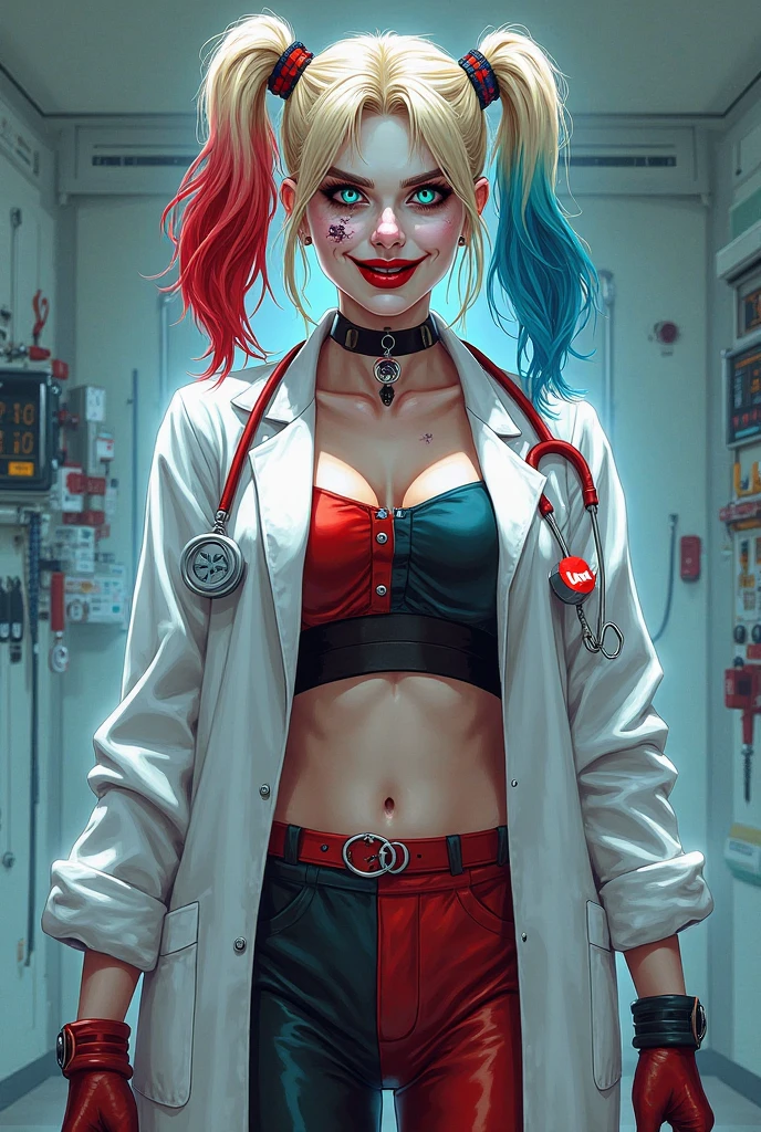 La qualité de l'image est réaliste, le super-héros DC Harley Quinn porte une tenue de médecin.