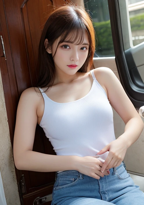 1 girl, drinking coffee, (blue eyes), eye details, high nose, shoulder length hair, (wearing a tight black t-shirt, tank top), exposed belly, (short white jeans), nice waist, nice breasts, nice slim tuft  , holding a book, ancient cafe space, sitting near the window, transparent curtains, light from the window, realistic light, girl smiling naturally, (full body shot), (long shot angle), photo taken with a Canon EOS DSLR camera  R5 with 35mm lens with f/1.4 aperture