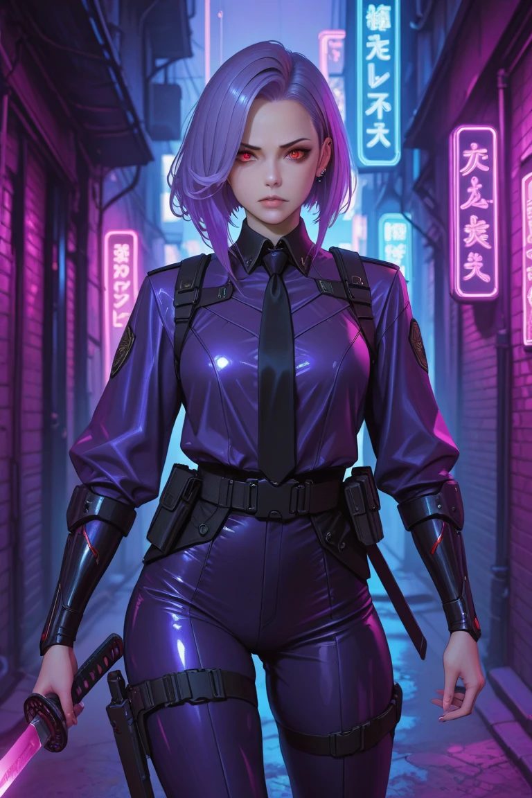 **Prompt:**  
An anime-style woman with long, flowing purple hair and piercing red eyes stands confidently, wearing a sleek black and purple bodyguard outfit with tactical details. Her outfit is form-fitting yet functional, adorned with subtle armor plating and utility belts. She holds a gleaming katana in one hand, its blade reflecting the neon lights around her. The background is a dimly lit urban alley with a cyberpunk vibe—mist swirling at her feet and neon signs flickering overhead. Her expression is calm, fierce, and ready to strike.