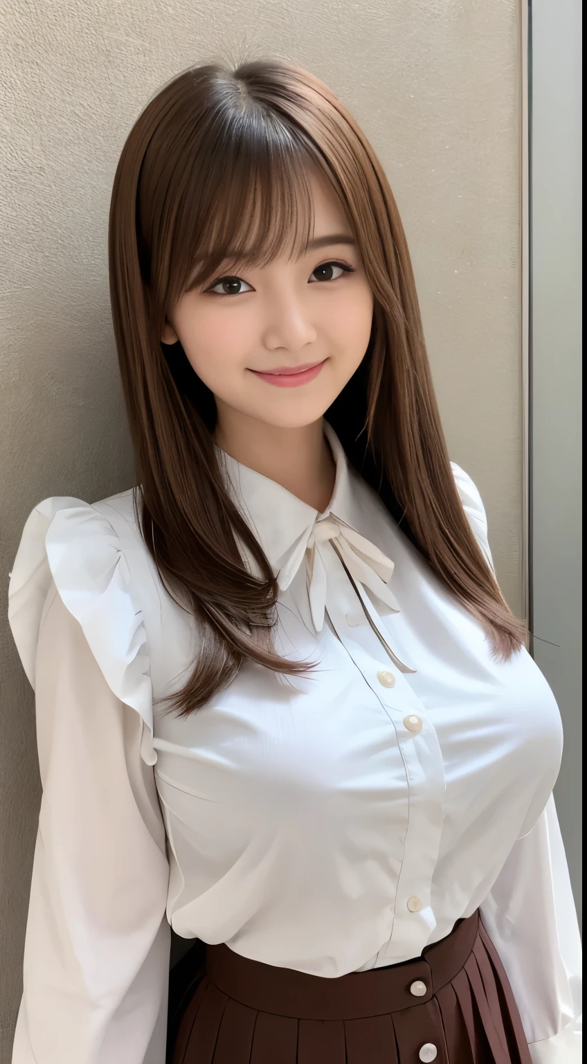 A beautiful Japanese shy girl, age 18 years old, long brown hair, brown big eyes, shiny lip, shiny hair, ecstatic expression, wearing white blouse, big breasts, plaid mini skirt, in front of huge window, The background is very blurry, her hand is peace sign,