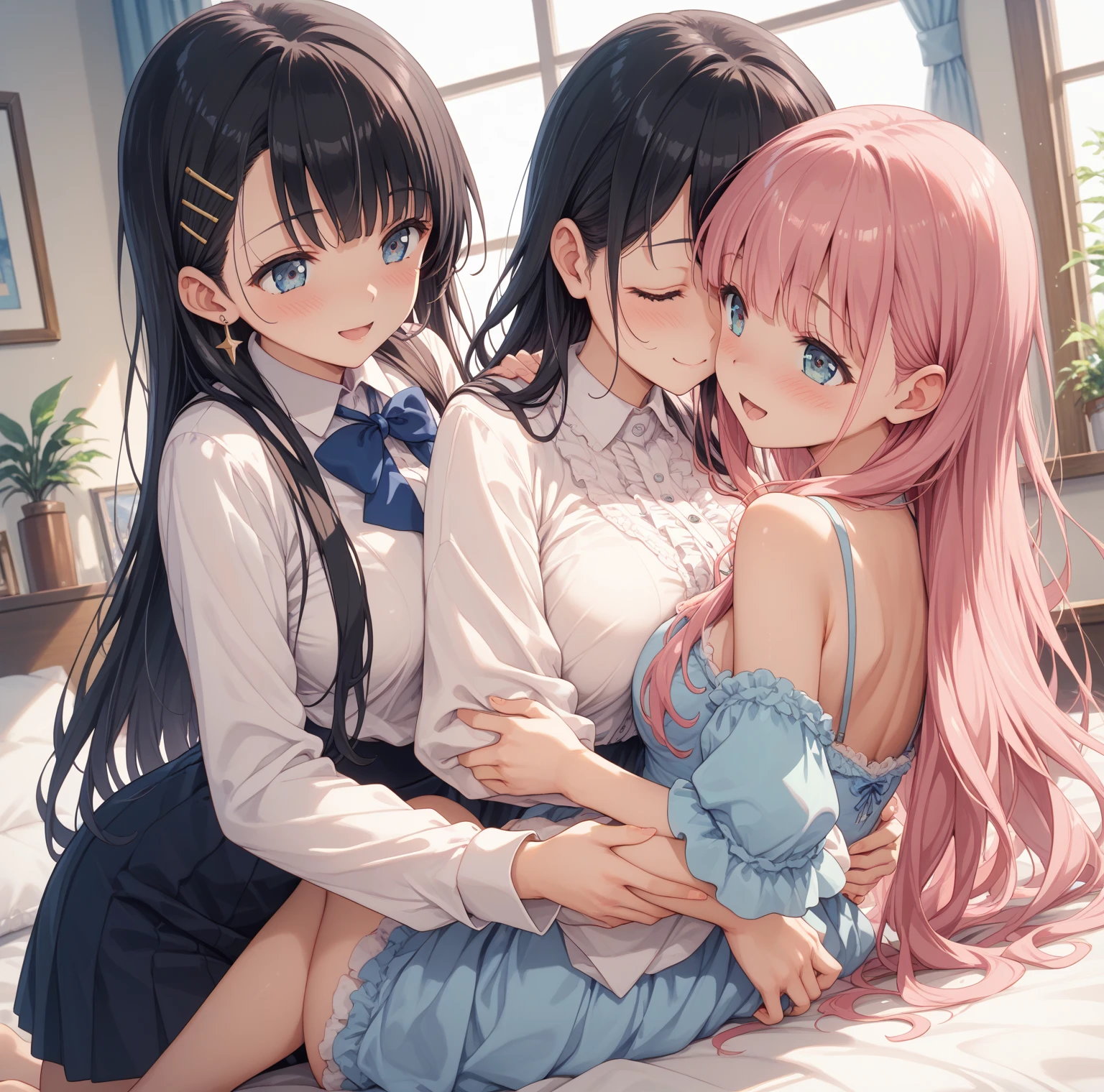 Yuri couple, girl x girl, fantasy, yandere girl and innocent girl, Flirting, blushing, the one is tall, mommy and girl, hug