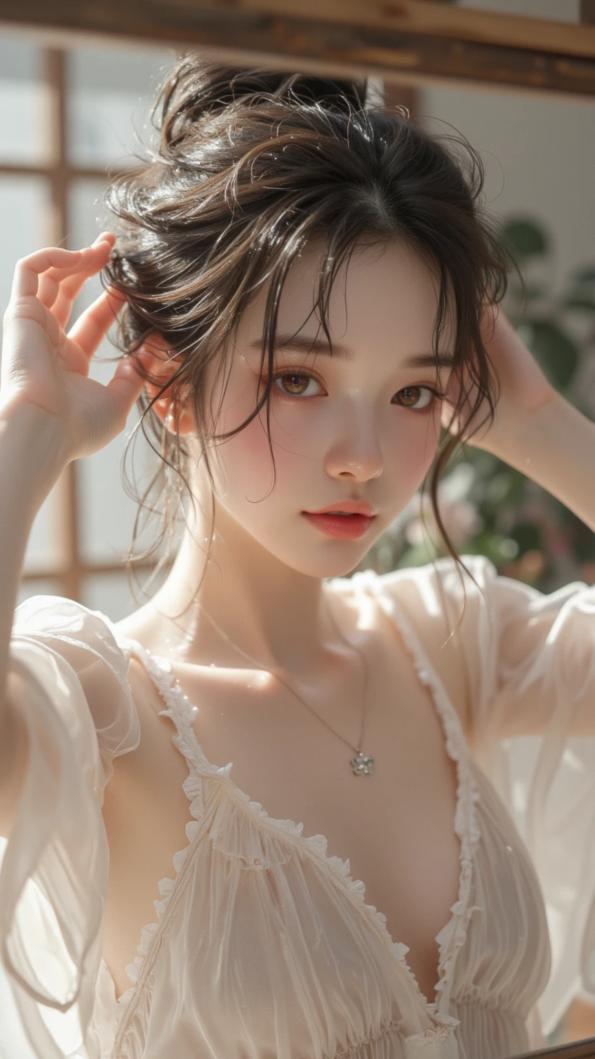 best quality, masterpiece, Ultra-high resolution, A supermodel soaks in a hot spring in Japan, Outdoor hot spring, Stone hot spring, Surrounded by moss and trees, Super beautiful face, Pure body, Clearly visible pores, (Smile:0.8), Wearing separates (Lace headband:1.2), (realism:1.5), original photo, Wet body, Sweating all over, Bare shoulders, in the darkness, Deep Shadows, Low profile, Cold Light, wet skin