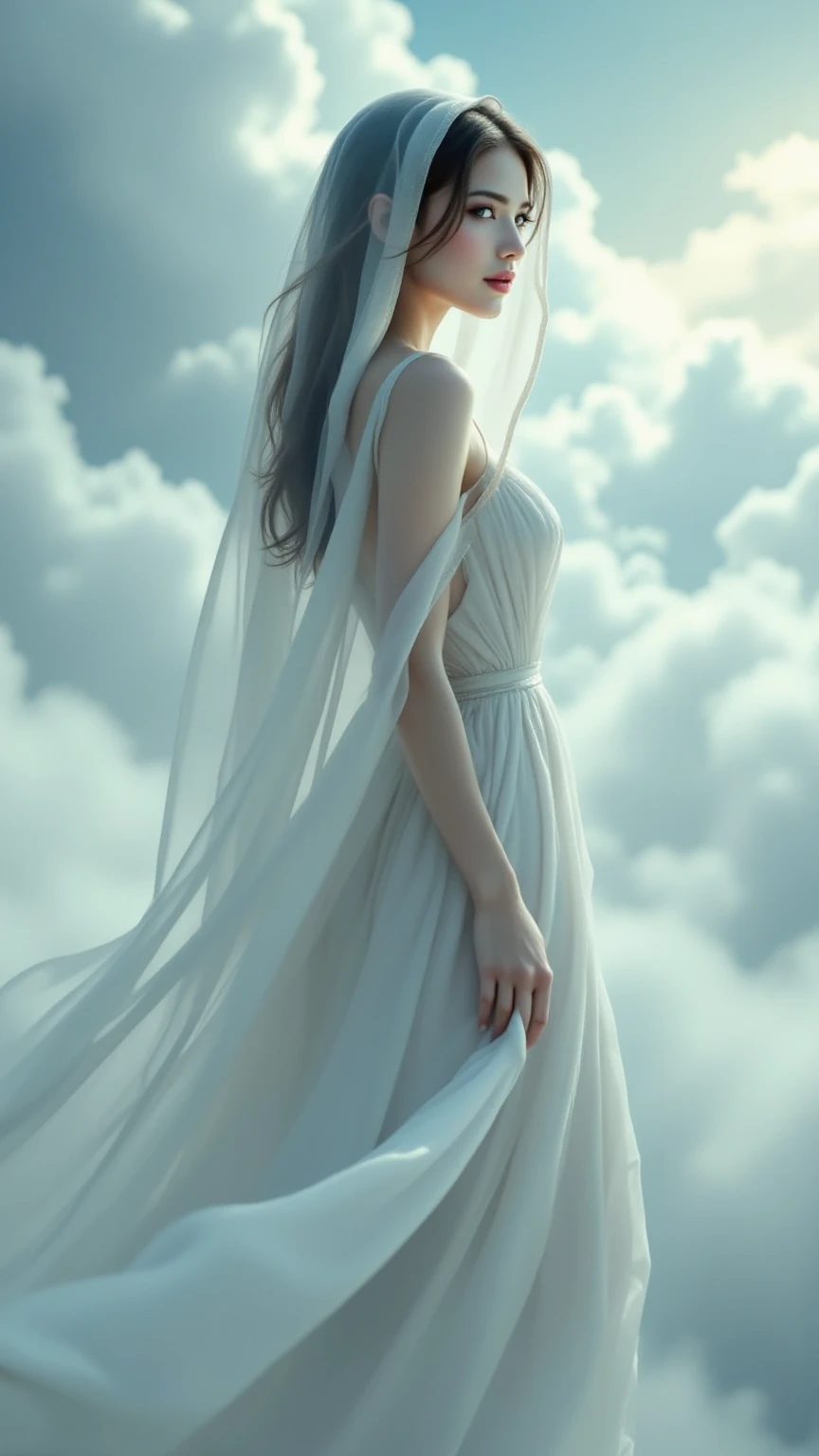 Woman in a beautiful dress descending the fog steps from the sky,Like a scene from a movie,Mysterious Sky Background Mist Cloud Beautiful Light Lighting {x} Realistic Surreal Fantastic Surreal Atmosphere,Mysterious Woman Portrait Wrapped in a Veil,Goddess Look Seductive Expression Serene Appearance,High Quality 4K Ultra High Resolution Realistic Photo Live Action Visual,Professional Oil Painting Technique,Oil Painting Technique,Delicate Texture Description Luxurious Color,Edge Soft Female Portrait Artwork