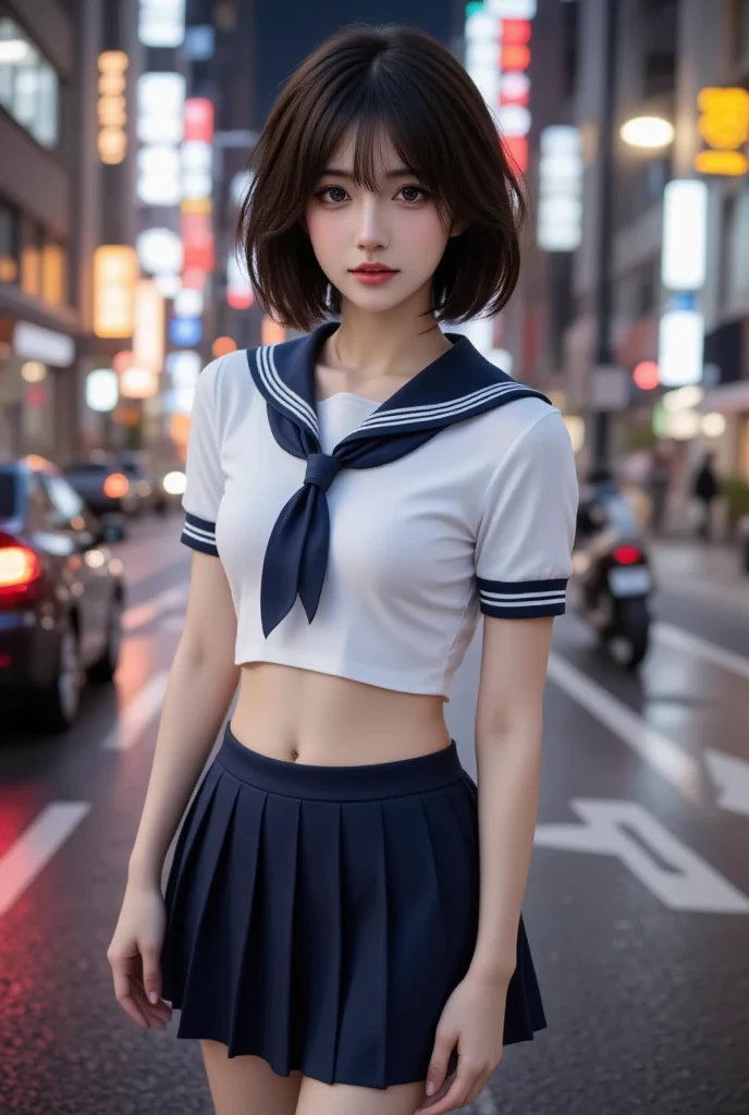 In 8K,highest quality,The true picture,Intricate details,Ultra-high resolution,Depth Field,Masseter region,Natural soft light,Professional Lighting,1 girl,(cute:1.2),Very beautiful 17 year old girl, ((Beautiful eyes with attention to detail)),(Black Hair),(short hair),(bangs),Perfect Skin,Shiny skin,Pure white skin,Fine skin, (((chest))),((Perfect Anatomy,Nice hands,Perfect hands,Five fingers connected to the palm,Precise needles without discomfort)),Perfect Barefoot,Delicate legs,Perfect Proportions,cuteランジェリー,((japanese sailor suit)),((Uniform Mini Skirt)),(tie),Black socks,Chano Leather Shoes,Lurking deep in the city,I can see your crotch,Show me your panties in the street,Both legs are bent,Spread your legs in an M shape,((White panties are visible))They are,Thin thighs when viewed from the front,(Shooting from below:1.5)