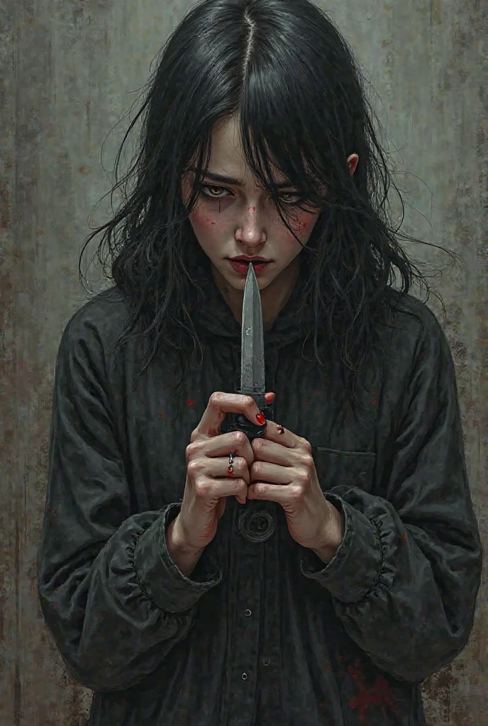 Une jeune femme qui ressemble a lappland de arknights et qui ce mutile et l'image doit etre assez sombre et la jeune femme doit avoir une lame dans les dans un style de dessin