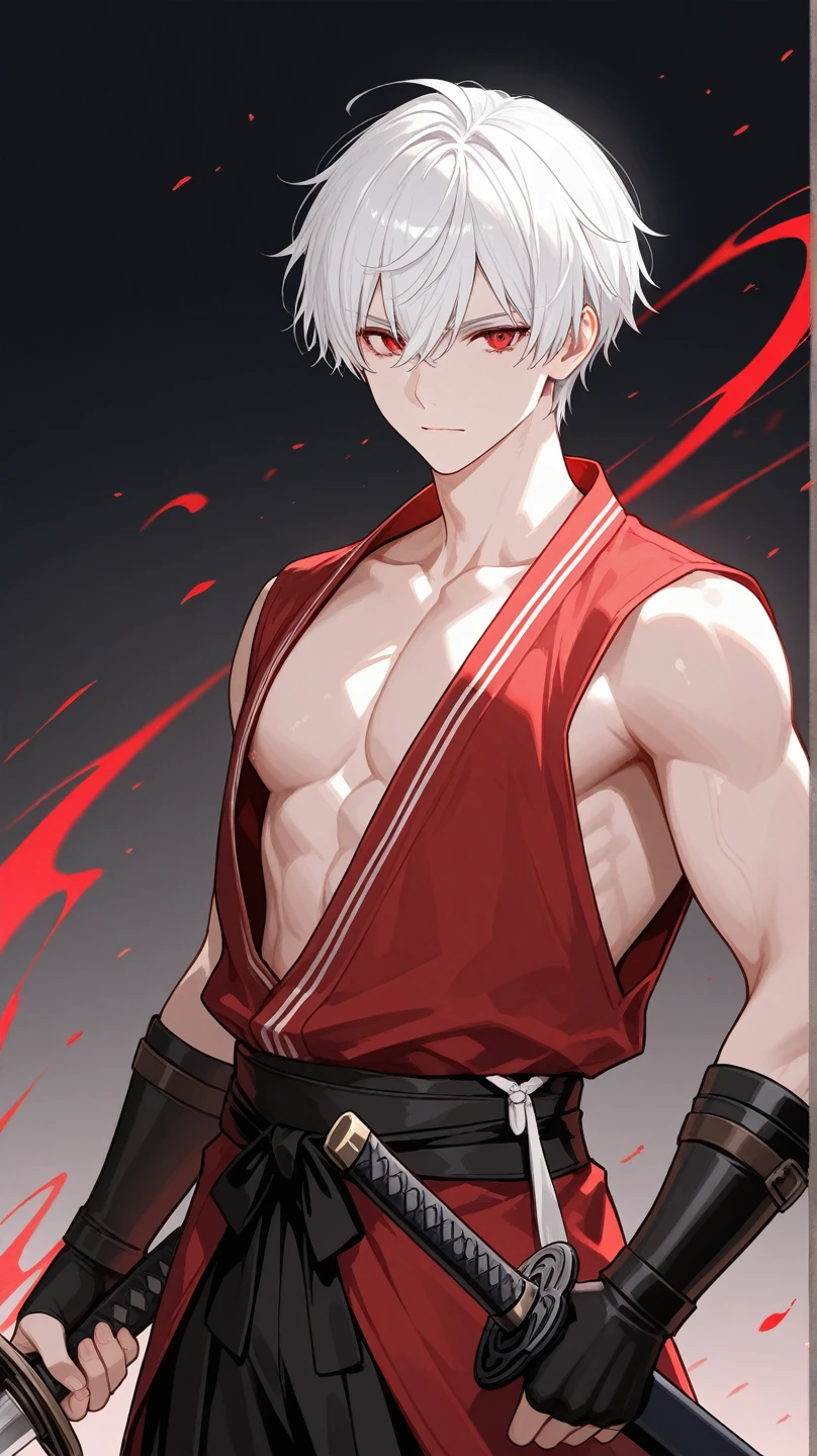 Bandaged man, head and all parts of the body are bandaged, in clothes: black T-shirt, gray shorts, pierced by thousands of arrows and swords, on the battlefield