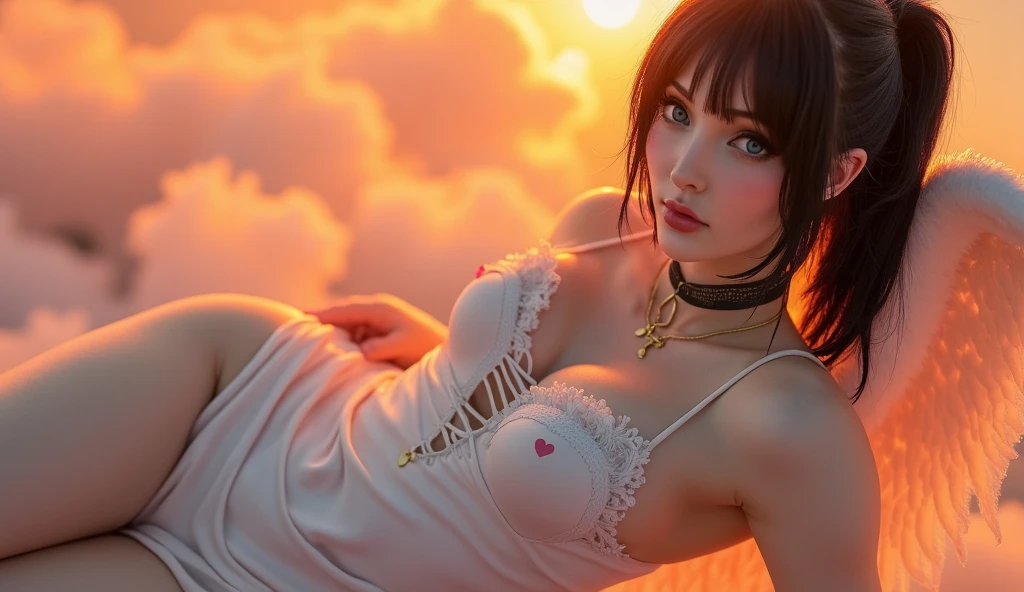 masterpiece, best quality, movie still, 1girl, floating in the sky, cloud girl, cloud, (close-up:1.1), bright, happy, fun, soft lighting, (Bauhaus, shapes, lines, abstract:1.1)