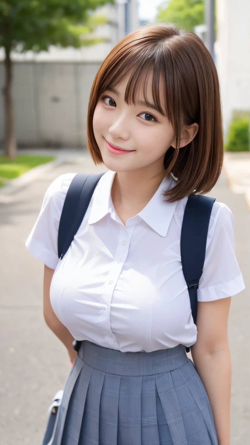 .................,, 、 skirt 、) 1 person、格子柄 skirt、white shirt,school uniform、 , Sakihime-chan ,, cute,beautiful girl , let me eat 、Xiaoyan、 nice smile, Sakihime-chan hdri、carrying a school bag、 、beautiful breasts 、,(Big Breasts:1.20),(:1)、 brown hair、 brown hairの髪、 、 Short hair、cute pose、 close your mouth