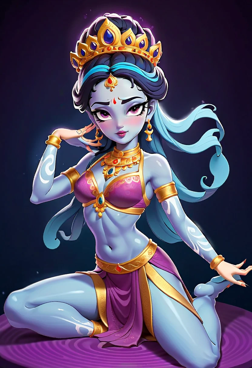 a young woman as goddess shiva, tight costume, lavishly decorated temple, sexy pose, blue skin