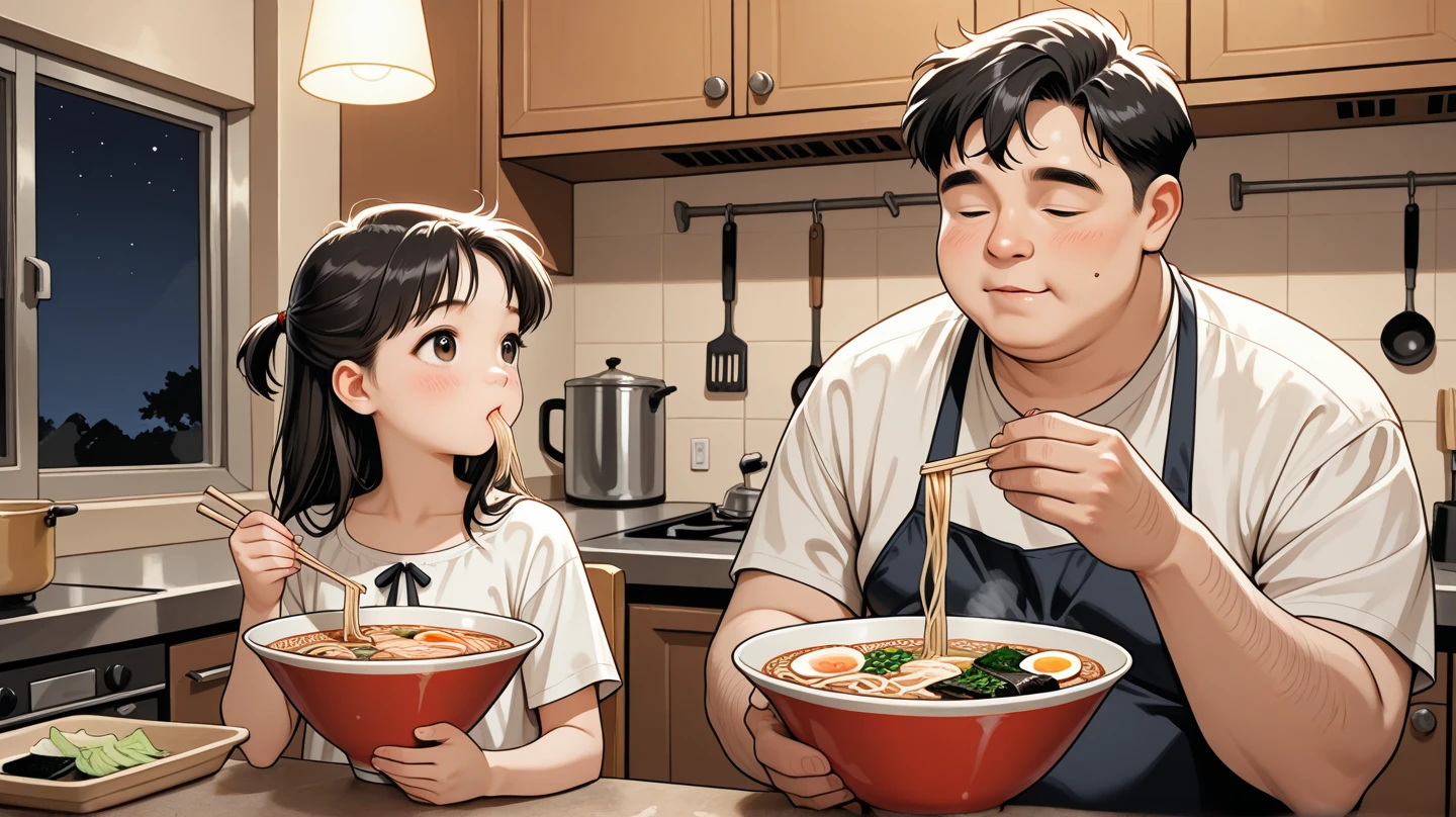 Fat Korean middle-aged man eating ramen and his elementary school son, late at night, Kitchen
