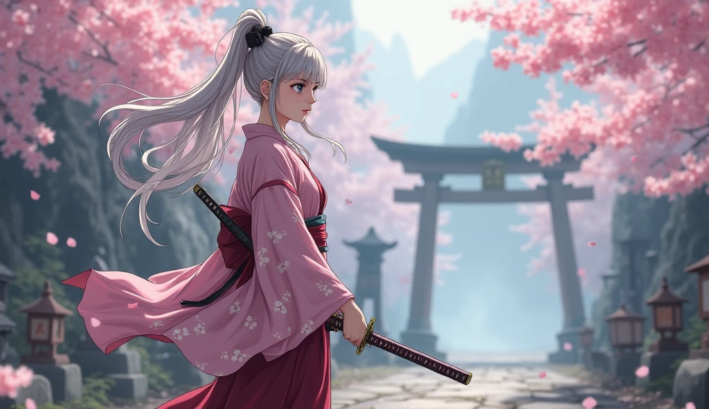 An anime girl with silver-blonde hair tied with a black ribbon, wearing a flowing pink kimono with cherry blossom patterns and a deep crimson hakama, stands facing the right in a dramatic side profile. Her eyes are sharp with focus as she draws her katana slightly from its sheath, ready to strike. The wind lifts her hair and sleeves as cherry blossom petals swirl around her. She's standing on a stone path leading through a misty mountain shrine, with ancient torii gates and broken lanterns in the blurred background. The atmosphere is tense yet beautiful — soft morning light filters through the fog, casting pastel tones across the scene. The entire moment feels like a still frame from a high-stakes anime battle, captured in elegant, cinematic style.