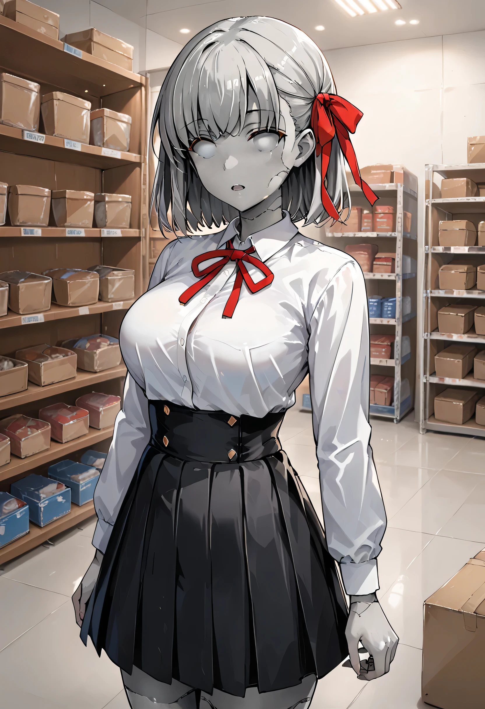 score_9, score_8_up, score_7_up, source_anime, 1girl, stone_tf, stone statue, stone hair, stone eyes, stone skin, (grey skin:1.2), grey hair, (no eyes:1.2) bb_\(fate\), large breasts, collared white shirt, hair ribbon, high-waist pleated miniskirt, neck ribbon, open clothes, red ribbon, ribbon, cowboy shot, storage, storage room, inside, boxes, detailed background, high resolution background,
